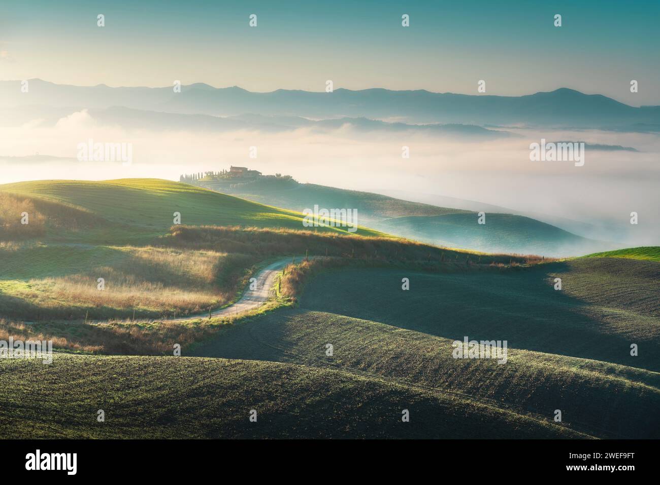 Foggy landscape in Volterra at sunrise. Rolling hills and a road. Tuscany region, Italy, Europe Stock Photo