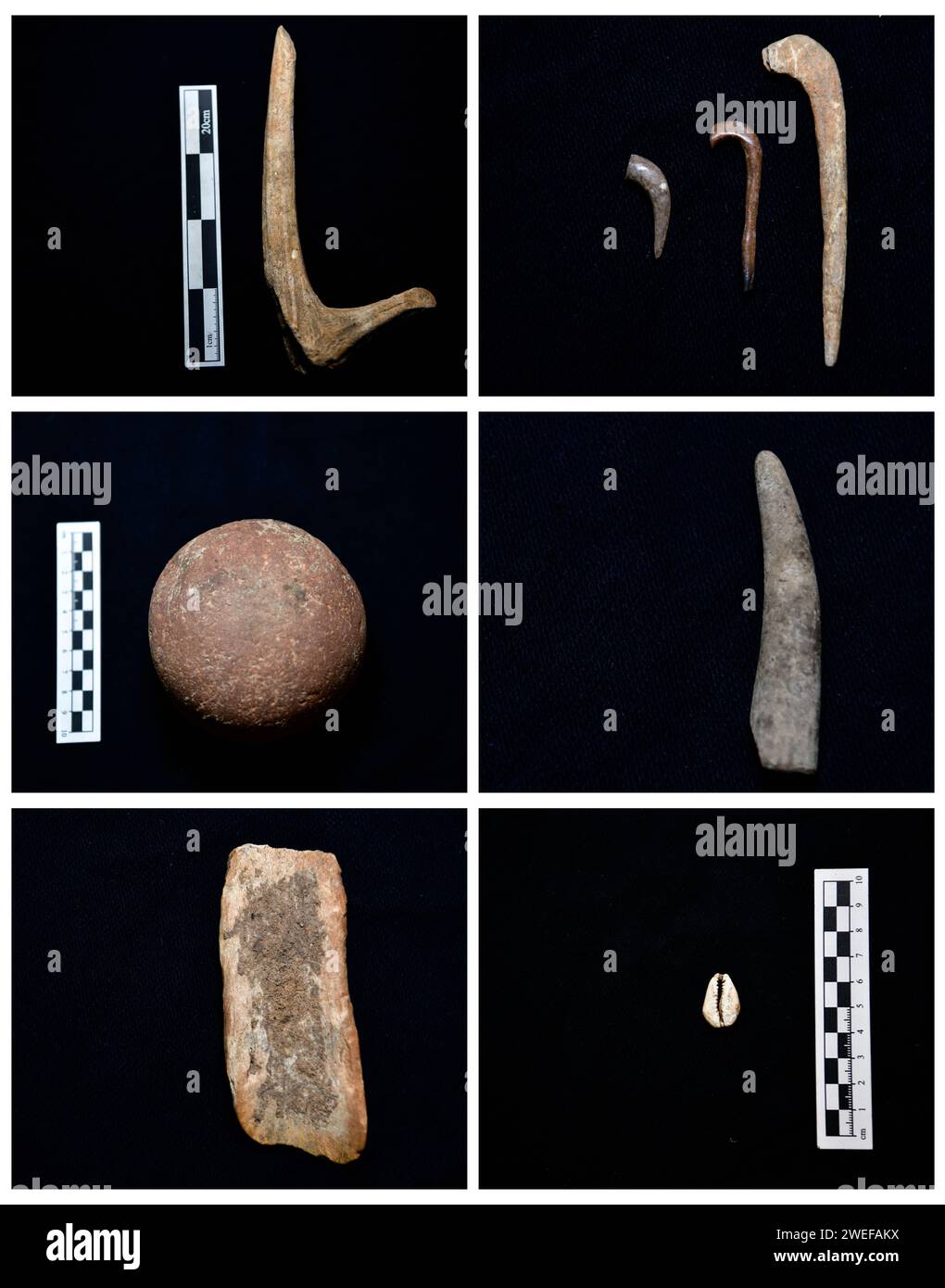 (240125) -- PUDING, Jan. 25, 2024 (Xinhua) -- This combo photo taken on Jan. 24, 2024 shows archaeological samples unearthed from Chuandong Site in Puding County, southwest China's Guizhou Province. Large quantities of artifacts made of stone, bone and horn have been unearthed at Chuandong Site in Puding County, southwest China's Guizhou Province, indicating prehistoric human activity dating back more than 55,000 years.Chuandong Site, first discovered in 1978, is believed to have existed across the end of the middle Paleolithic Period, the late Paleolithic Period and the Neolithic Age.    Over Stock Photo