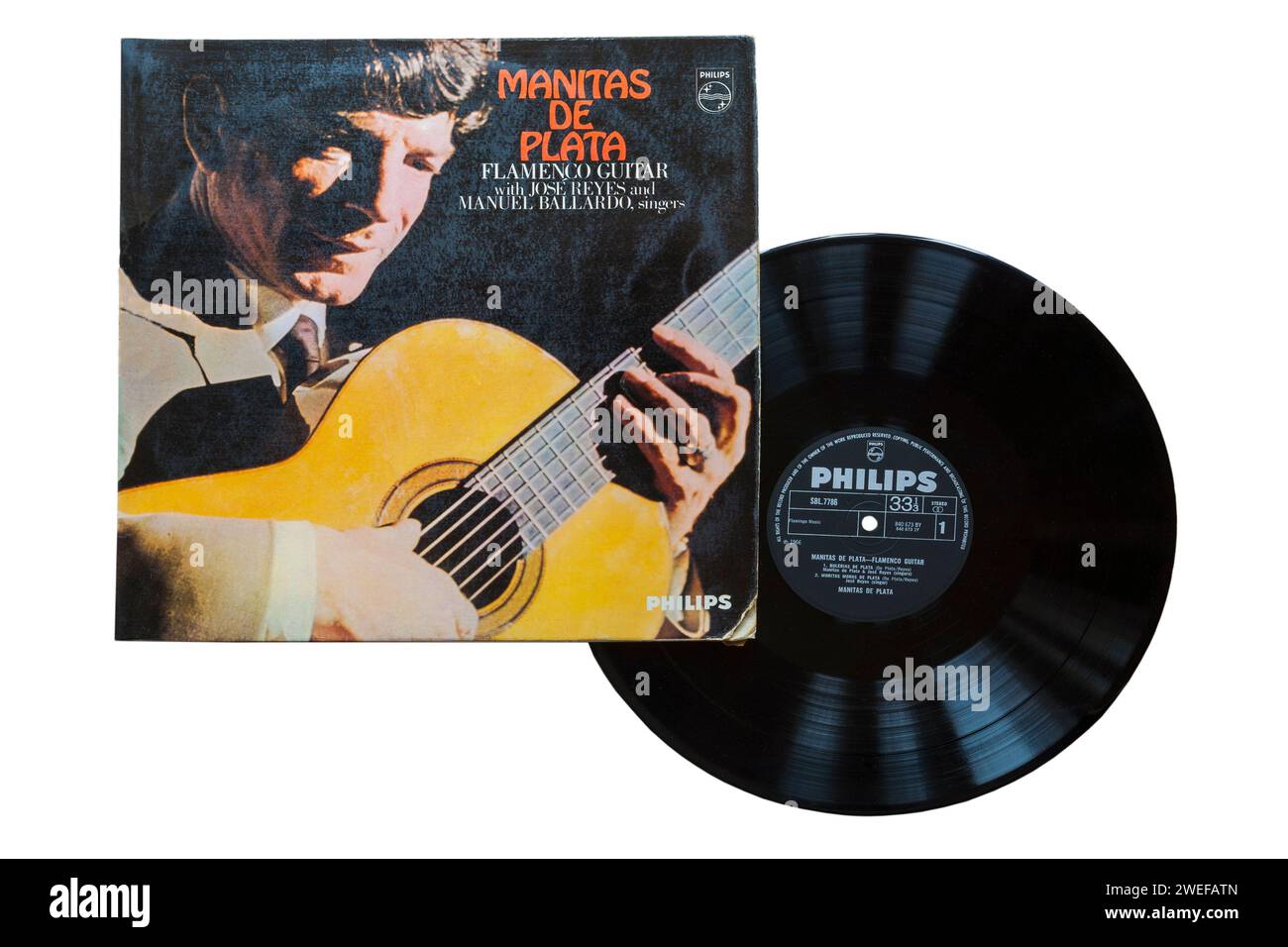 Manitas de Plata flamenco guitar with Jose Reyes and Manuel Ballardo singers vinyl record album LP cover isolated on white background -1966 Stock Photo