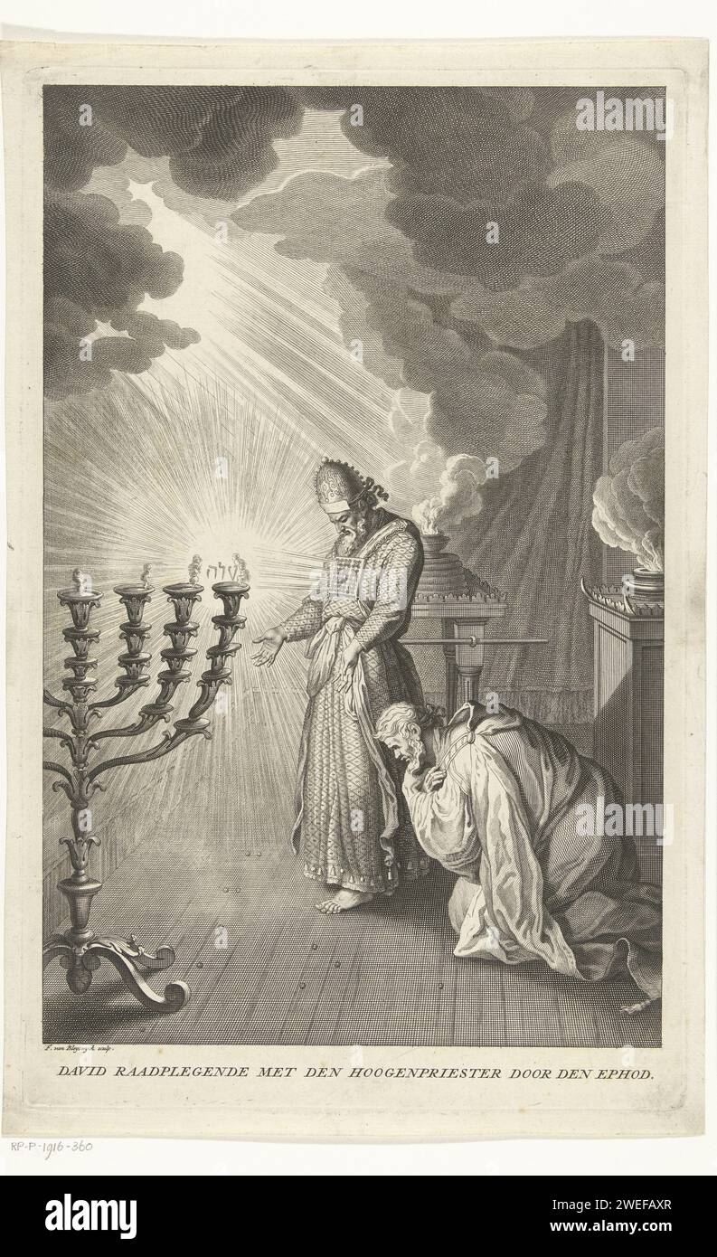 David and Abjatar consult God, François van Bleyswijck, 1681 - 1746 print David and the high priest Abjatar consult God with the help of the Ephod that the priest wears on his chest about a possible attack by Saul on the city of Keila. print maker: Leidenpublisher: The Hague paper etching / engraving story of David. Abiathar comes to David and brings the ephod with him (1 Samuel 23:6). the seven-branched candlestick  temple of Solomon Stock Photo