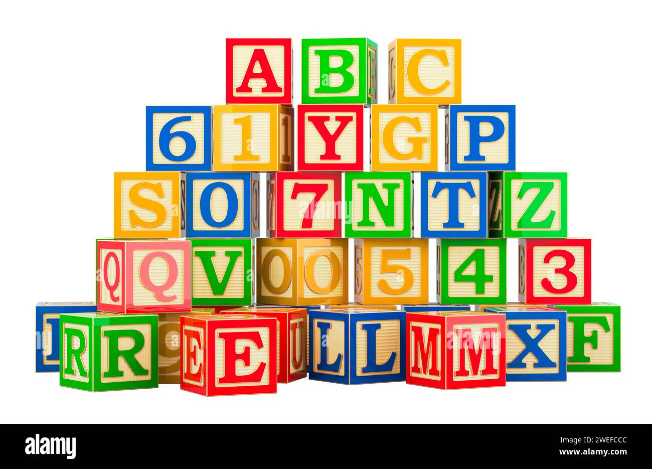 ABC and 123 Wooden Blocks Alphabet Letters and Numbers Learning Block Set. 3D rendering