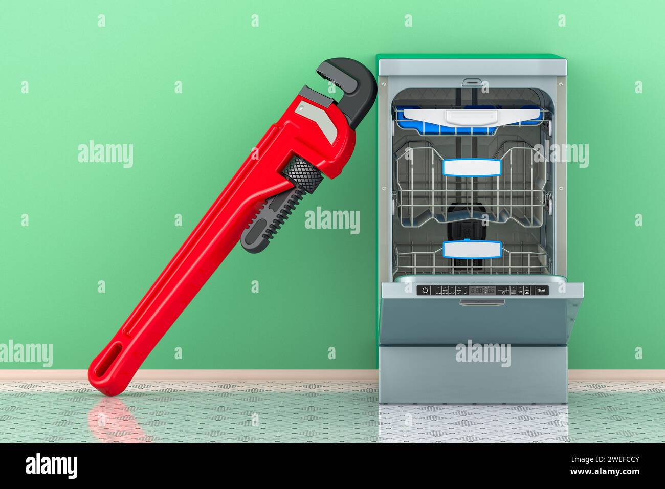 Dishwasher with pipe wrench in interior. Repair and service of
