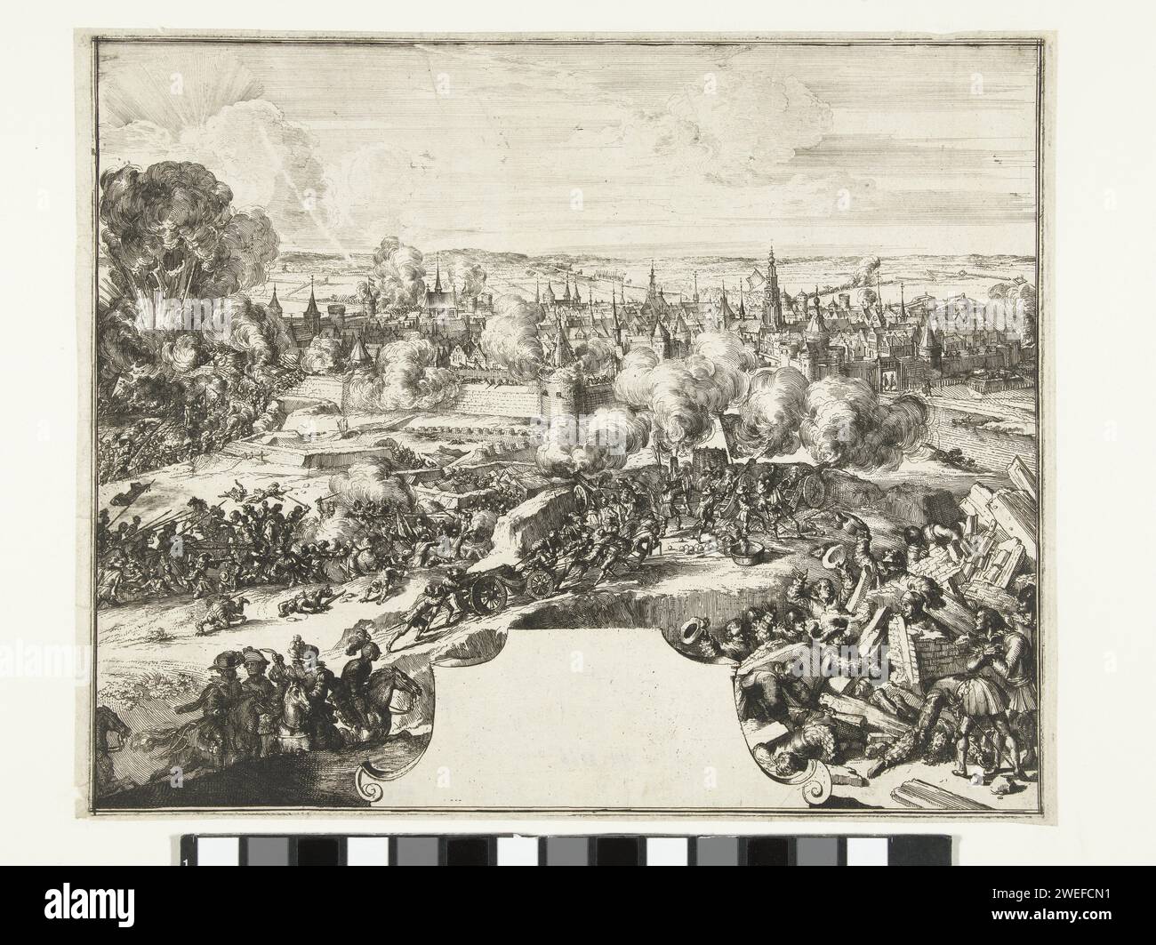 Intake of Tournai, 1581, Romeyn de Hooghe, After Don Juan de Ledesma, 1670 - 1699 print Siege and intake of Tournai by the army of the Duke of Parma, November 29, 1581. On the right in front of the Duke of Parma is wonderfully unharmed between the ruins of a building. In the middle of an empty cartouche. Netherlands paper etching capture of city (after the siege) Torlative Stock Photo