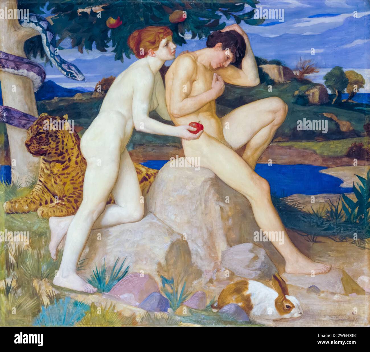William Strang, The Temptation (Adam and Eve), painting in oil on canvas, 1899 Stock Photo