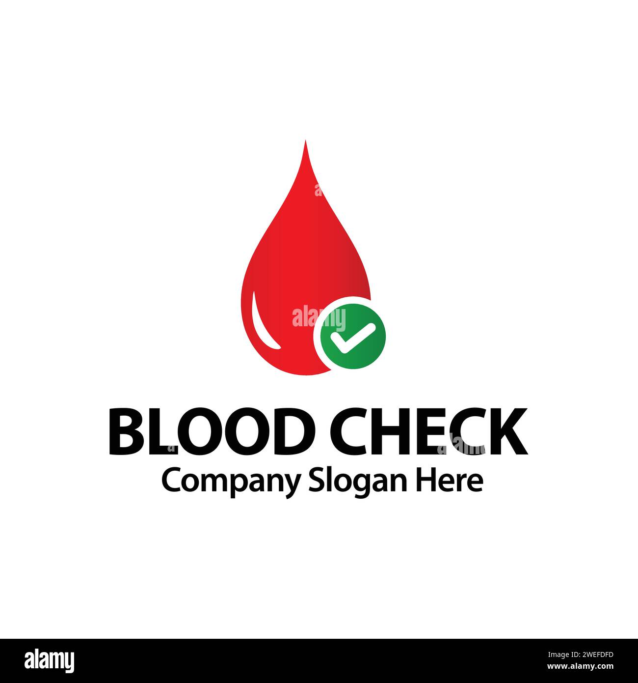 Blood Bank Logo With Red Blood Drop and Green Tick Sign Template Illustration. Approved Blood Donation Health Concept. Hematology Medical Blood Cell. Stock Vector