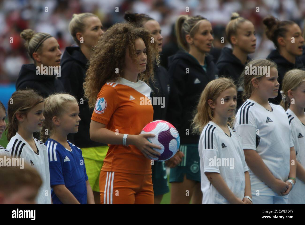 Mascots in front of Germany team before UEFA Women's Euro Final 2022 England v Germany at Wembley Stadium, London 31 July 2022 Stock Photo