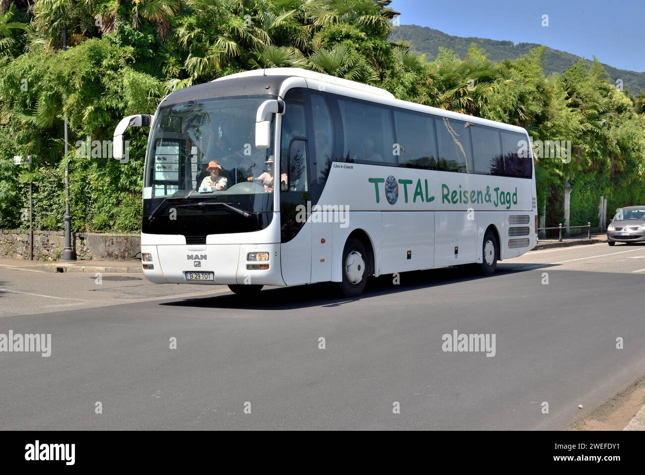 A MAN Lion's Coach operated by Romanian company Total Reisen & Jagd is seen in Stresa, Italy. Stock Photo