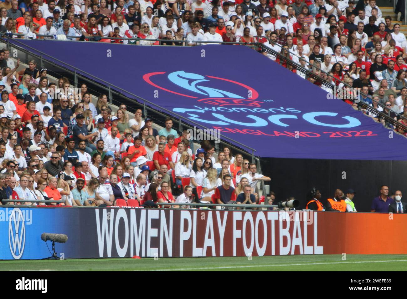 Women Play Football slogan at UEFA Women's Euro Final 2022 England v Germany at Wembley Stadium, London 31 July 2022 Stock Photo
