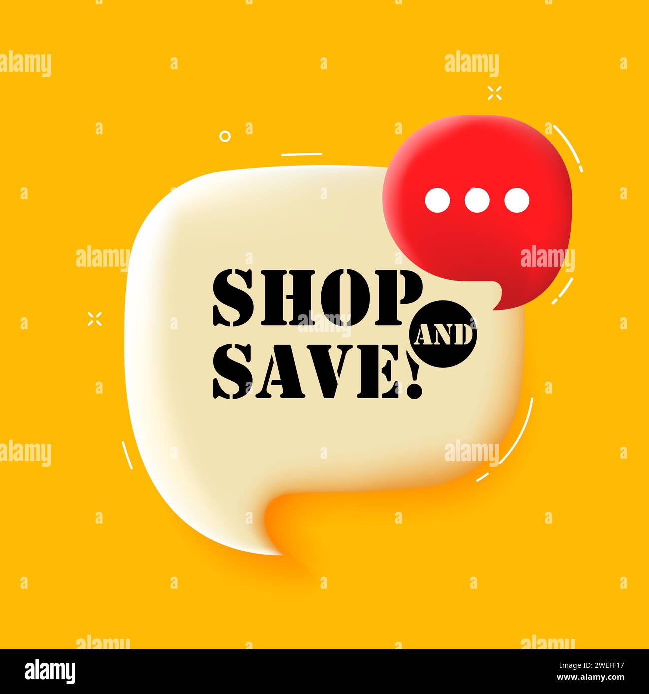 Shop and save. Speech bubble with Shop and save text. 3d illustration