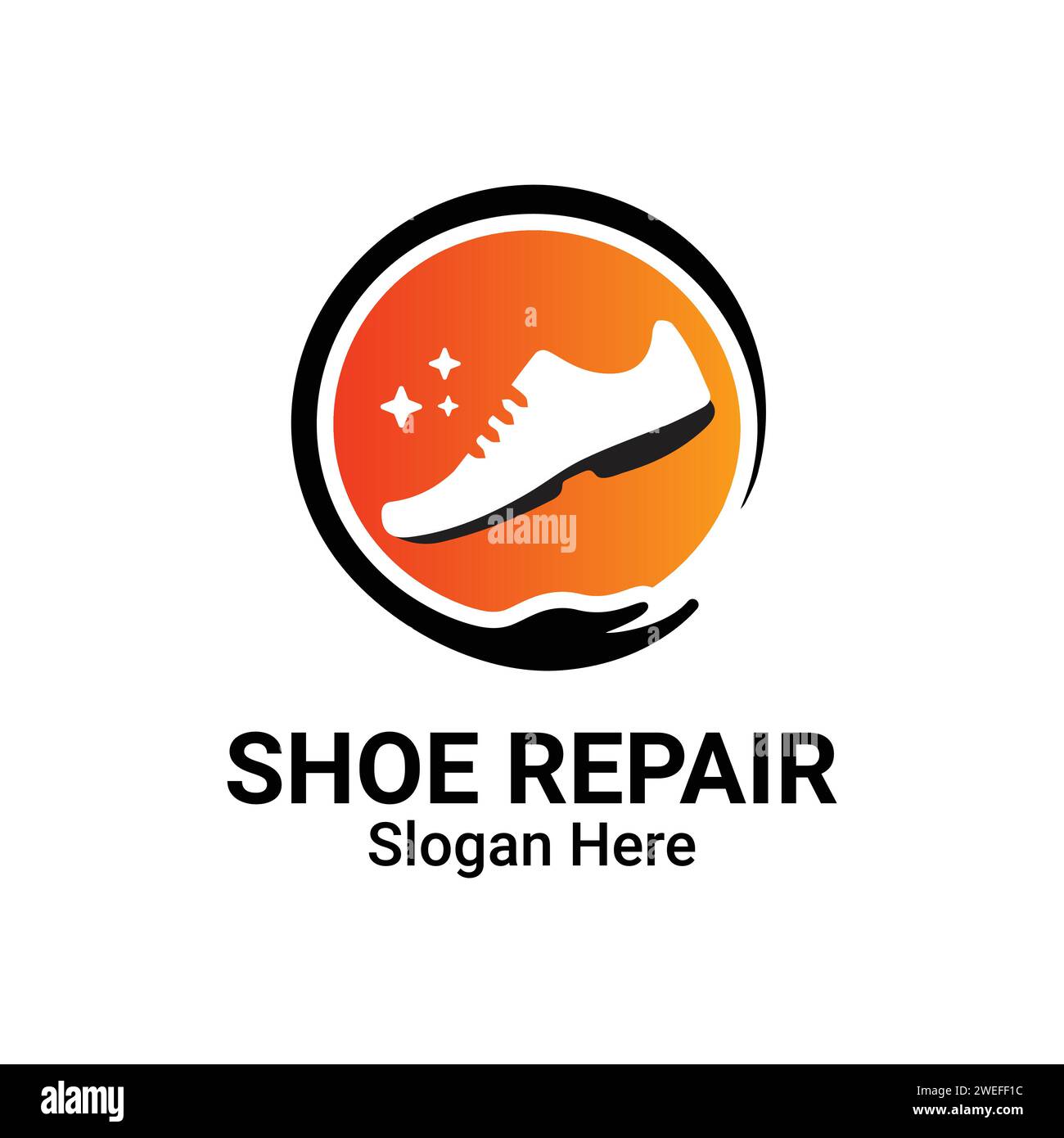 Shoe Repair Logo Service. Fix Shoes Vector Template. Trendy concept for workshop repair or restoration of leather goods. Stock Vector