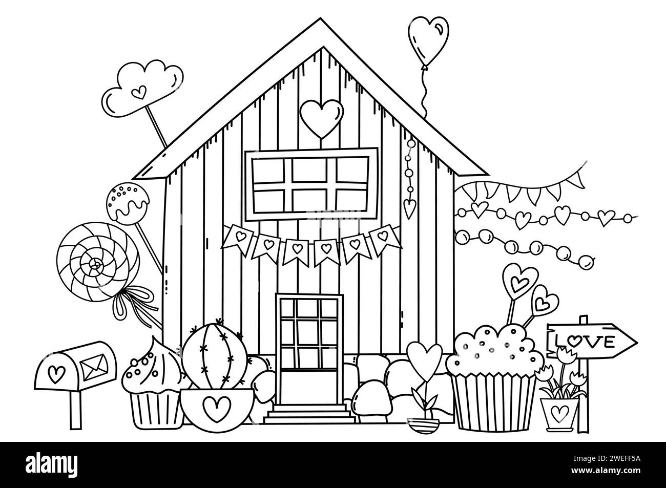 Sweet Home Coloring Page - A Charming Illustration Of A House Filled With Sweets And Flowers, A Fairy-Tale House Coloring Book For Children Stock Vector
