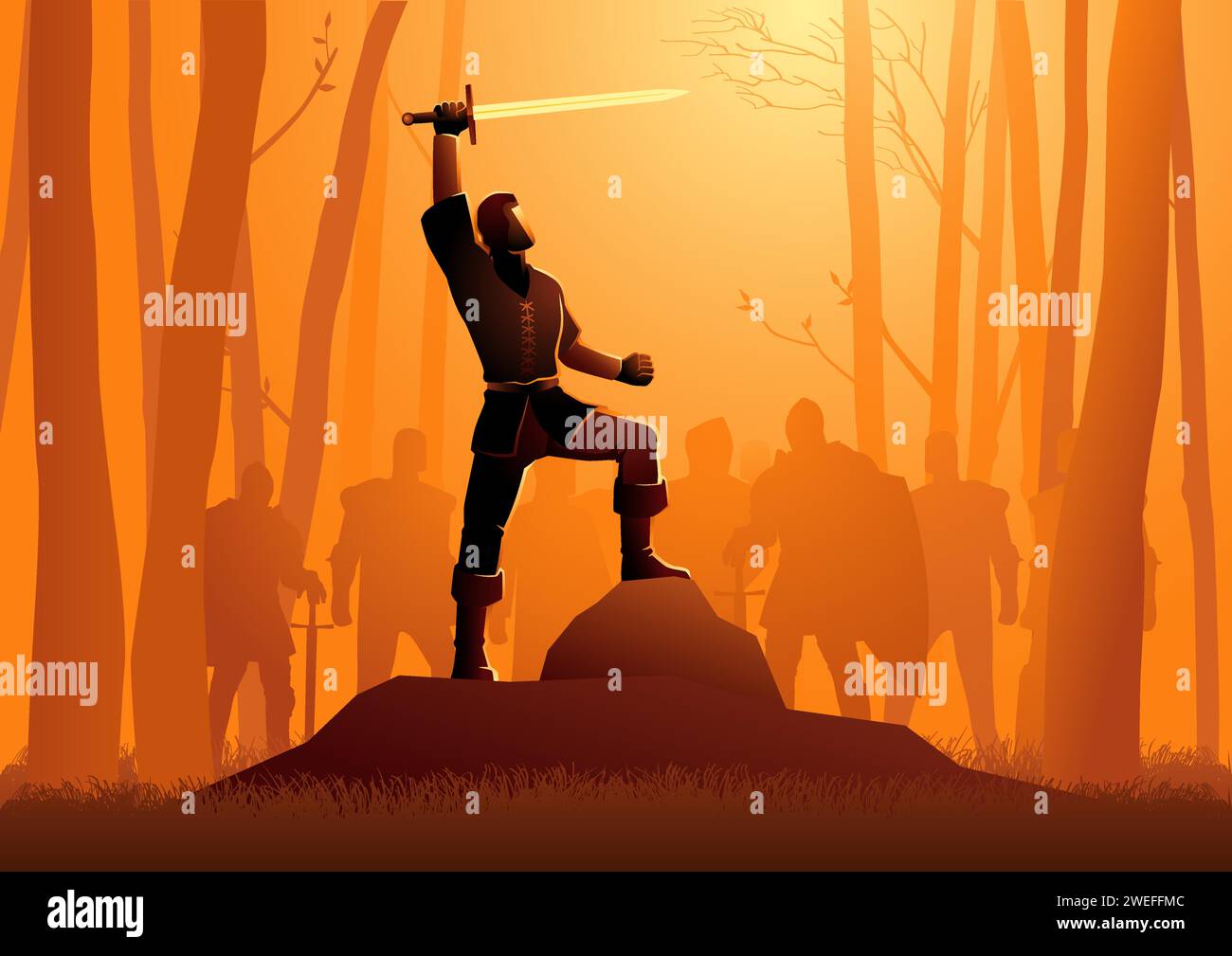 Vector illustration of the young king Arthur holding the excalibur