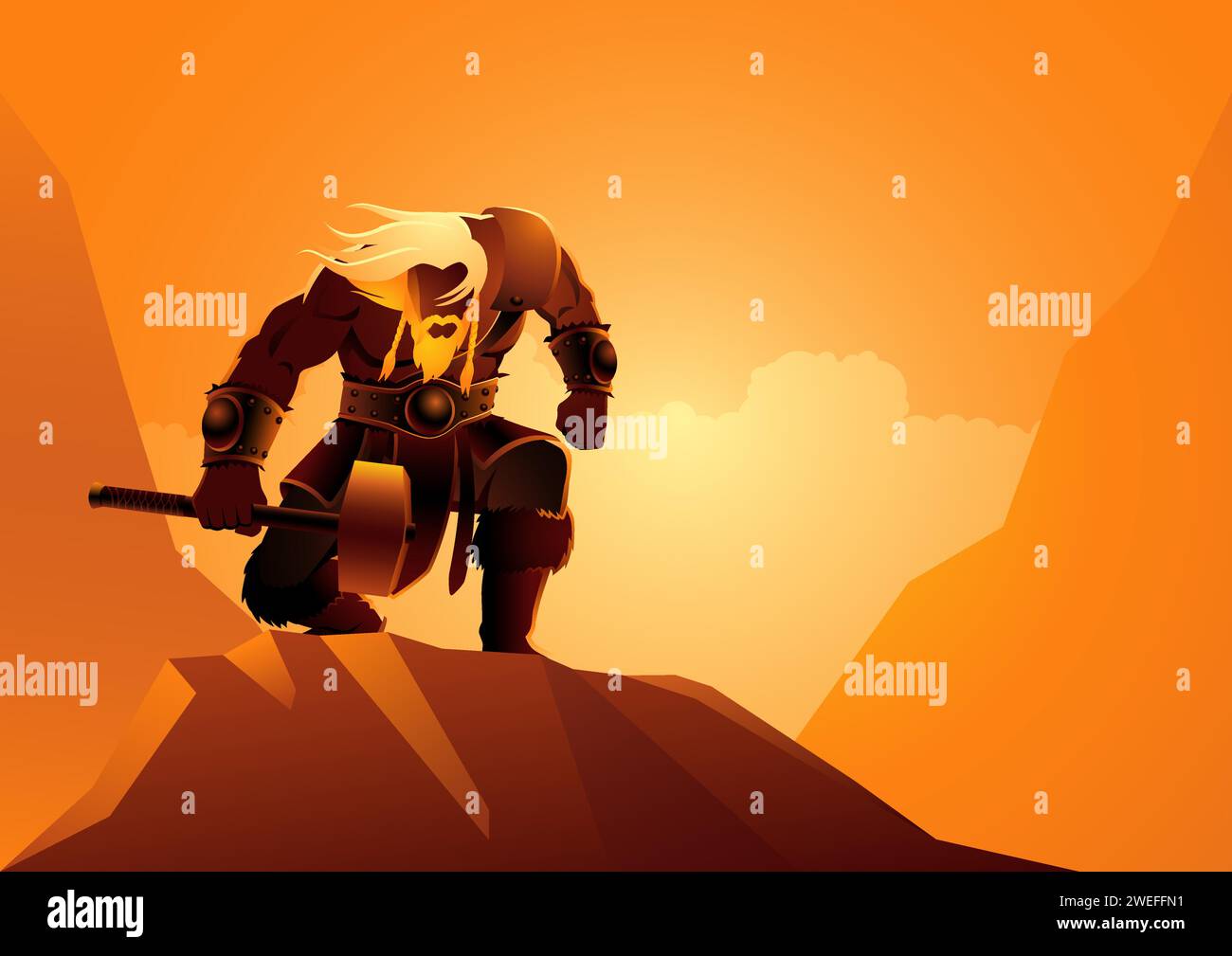 Ancient Viking warrior pose with his hammer Stock Vector
