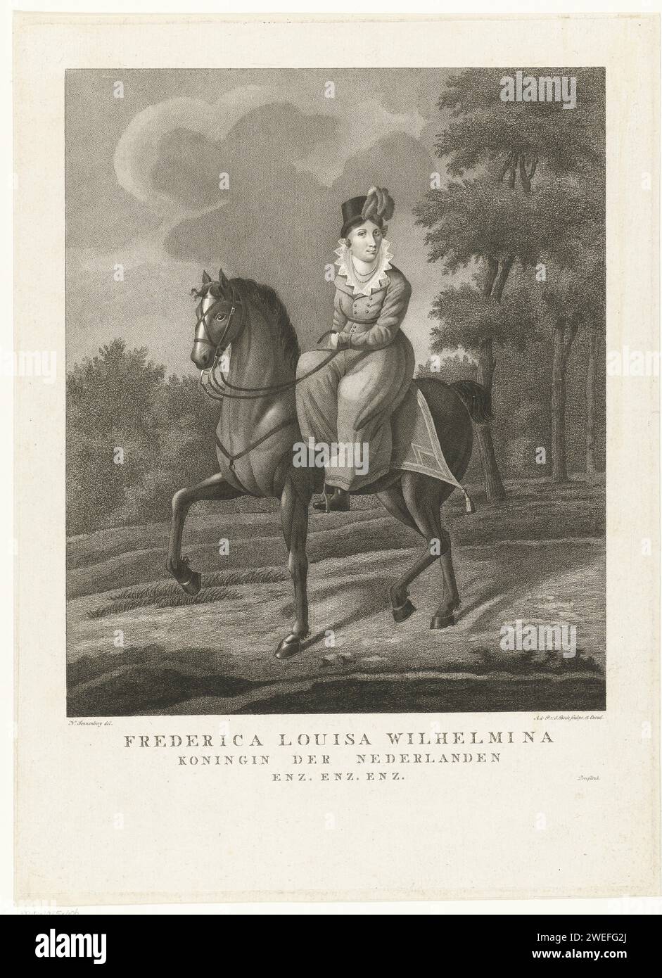 Portrait of Queen Wilhelmina Frederica Louisa on horseback, Antonie and Pieter van der Beek, after Nicolaas Sonnenberg, 1795 - 1821 print  Netherlands paper etching equestrian state-portrait Stock Photo