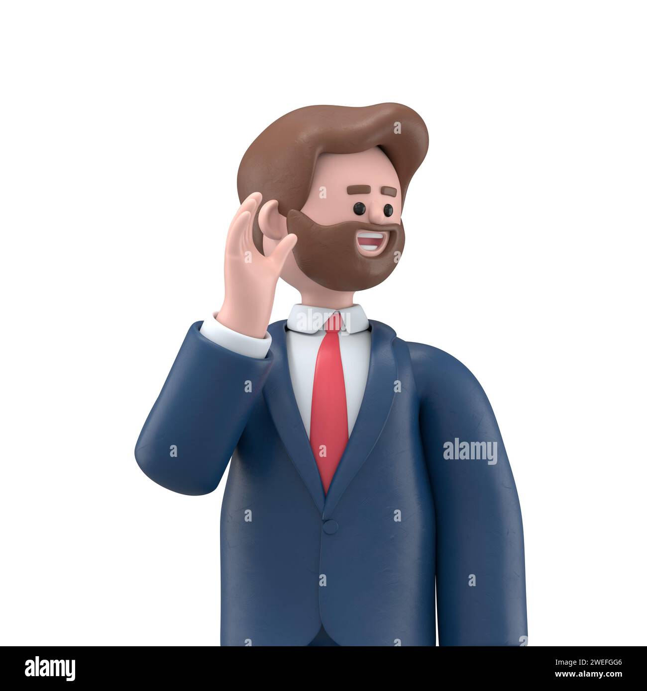 3D illustration of bearded american businessman Bob try to hear you overhear listening intently looking camera.3D rendering on white background. Stock Photo