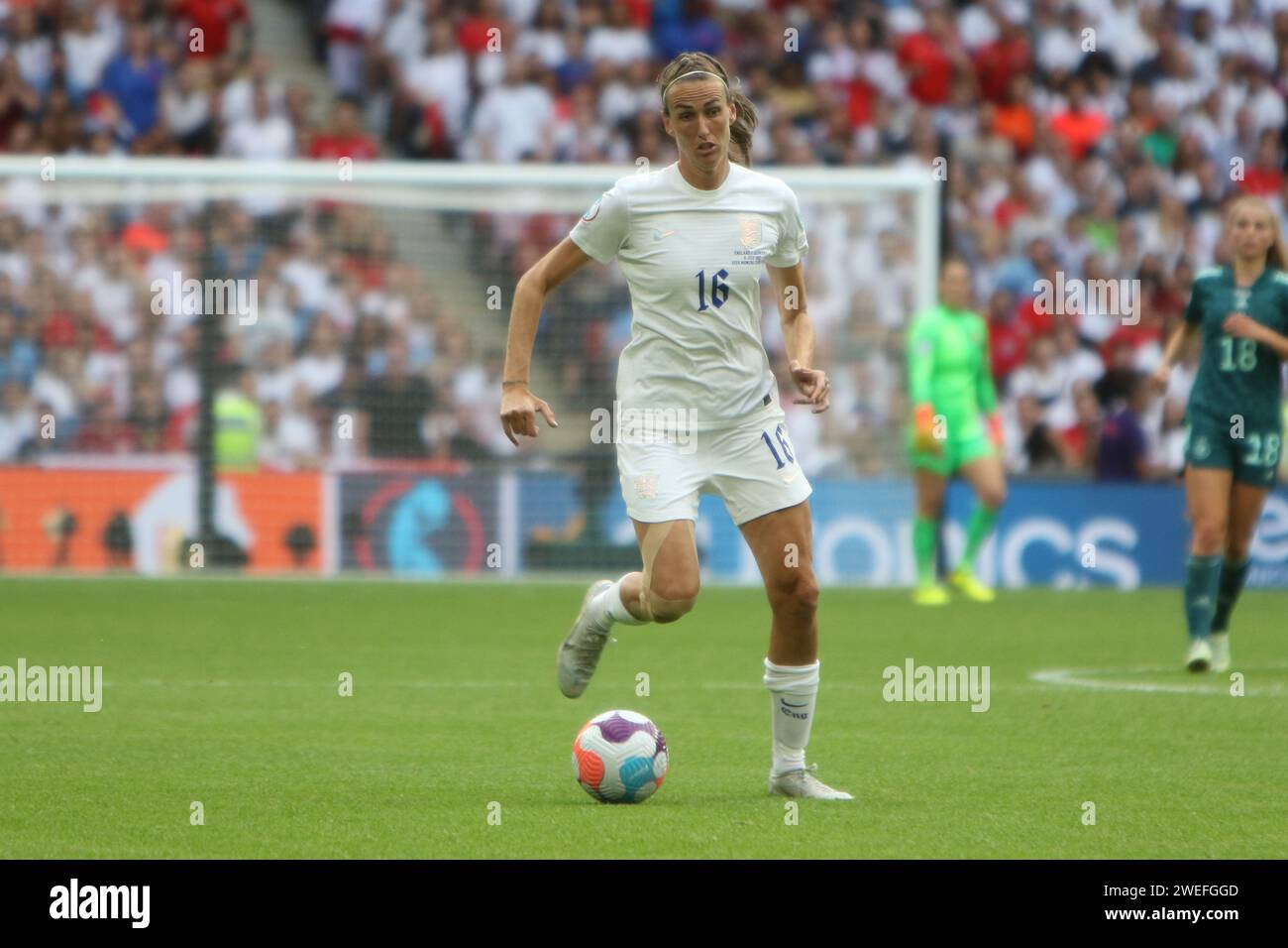 Jill Scott with ball during UEFA Women's Euro Final 2022 England v Germany at Wembley Stadium, London 31 July 2022 Stock Photo