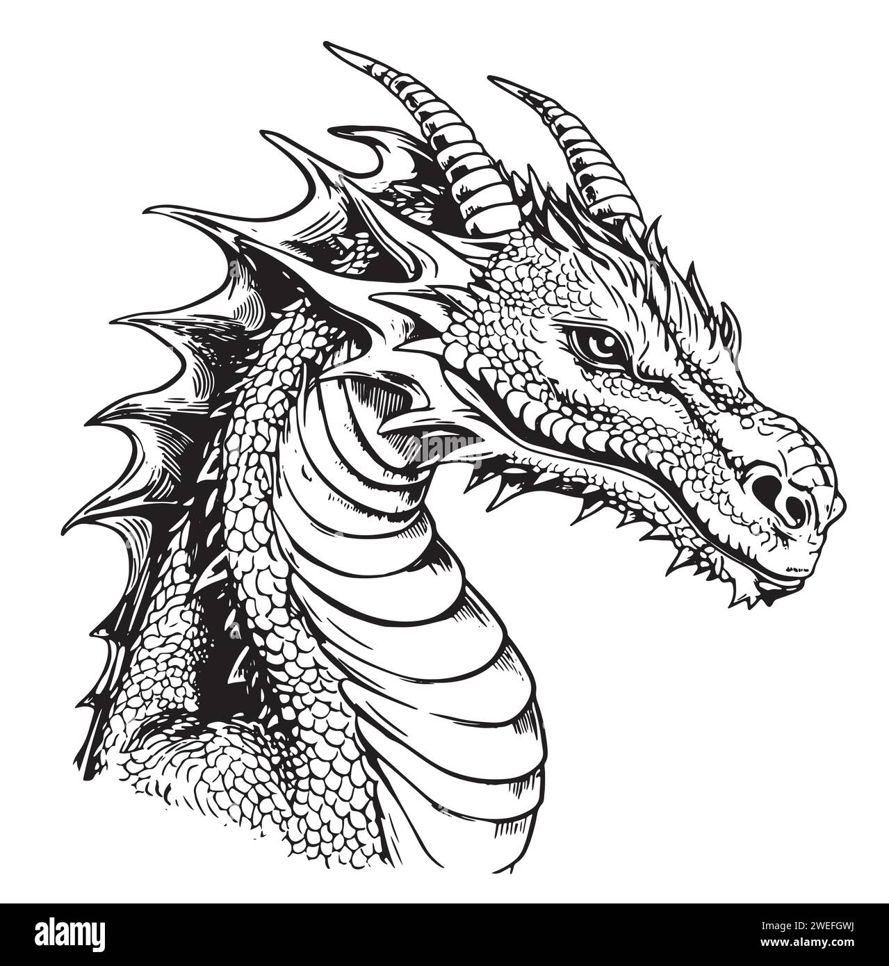 Hand Drawn Engraving Pen and Ink Dragon Head Vintage Vector Illustration Stock Vector