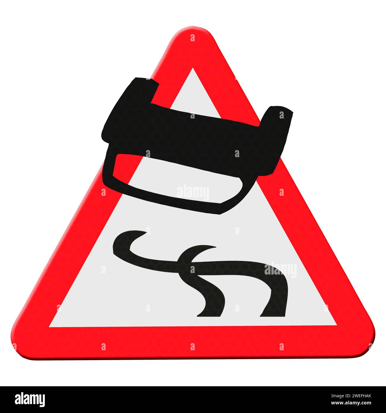 Digital composite Road traffic sign slippery when wet with the car being larger than the sign. In recent years cars have been getting ever bigger to the extent that they many dont even fit in the parking places any more in many European cities. The extra space they take is also at the cost of other users of the public space such as cyclists and pedestrians. verkeersveiligheid, auto, safety, road, danger, gevaarlijk, traffic, Stock Photo
