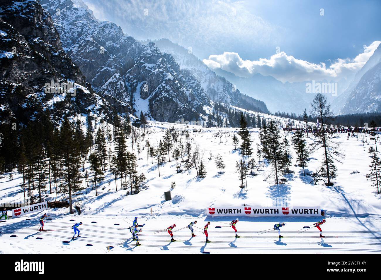 Planica, Slovenia. 5 March, 2023.   Ski racers in men’s 50-k at 2023 FIS World Nordic Ski Championships in Planica, Slovenia, in Julian Alps. Stock Photo