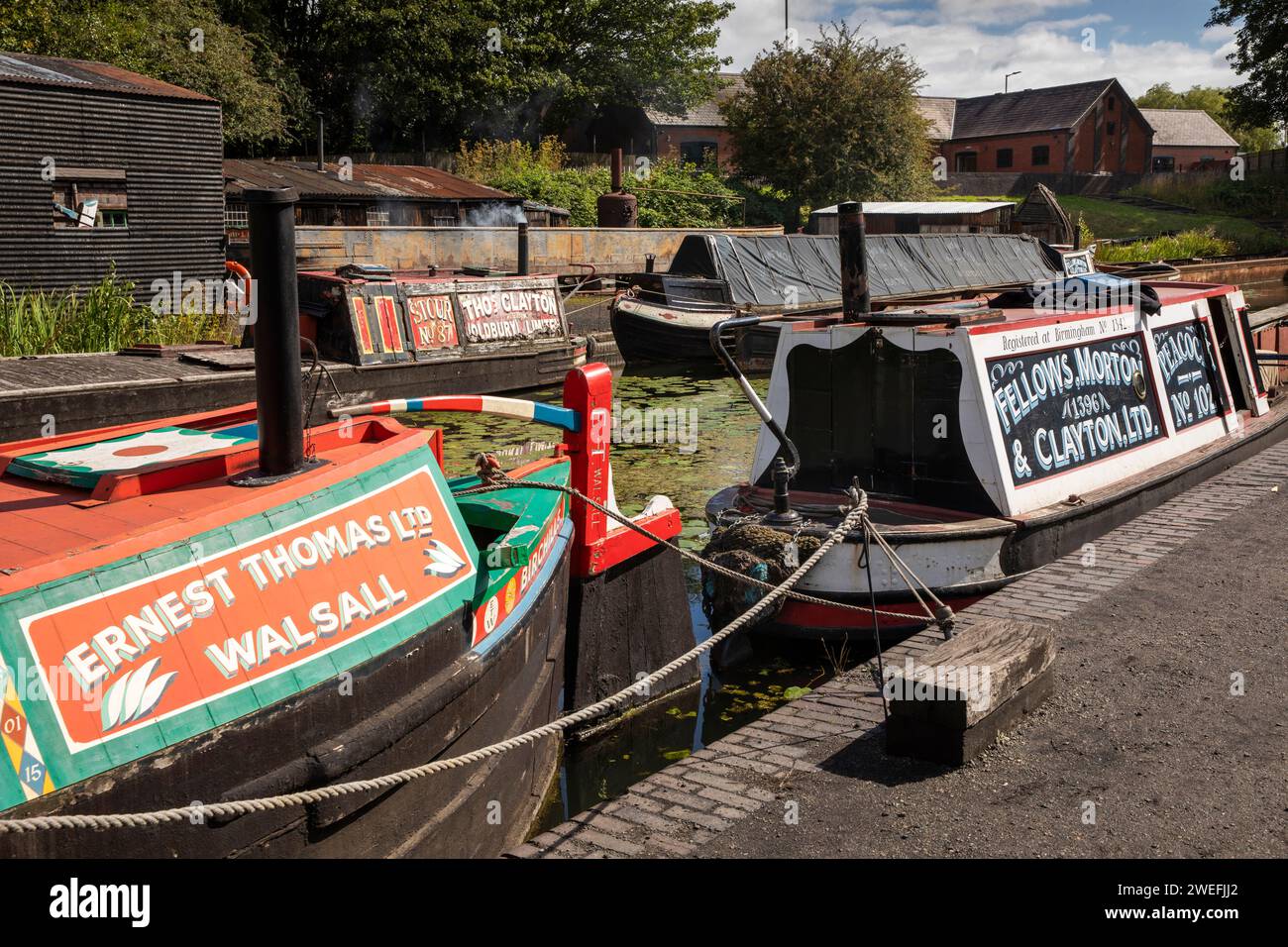UK, England, West Midlands, Dudley, Black Country Museum, Boat Dock, moored canal narrowboats Stock Photo