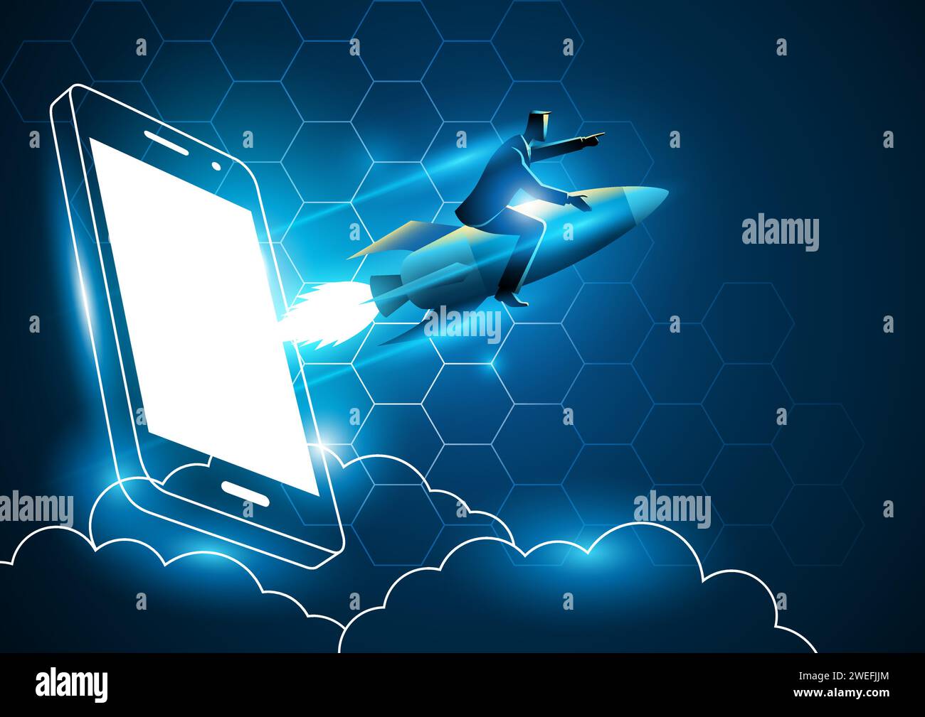 Business concept illustration of a businessman riding a rocket comes out from smart phones' screen. Start up business, business launching concept Stock Vector