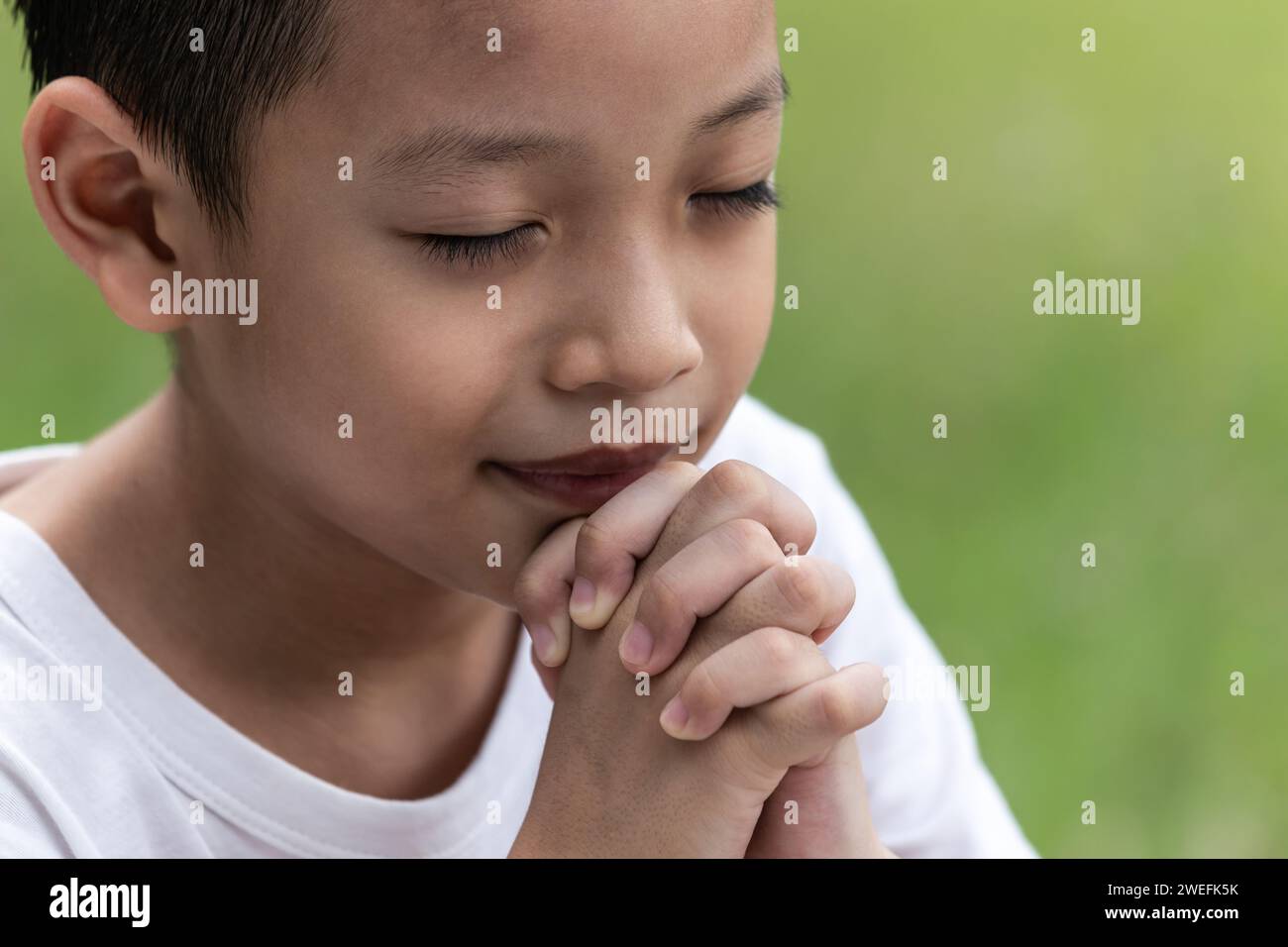 Little boy with Bible praying and close your eyes in praying. Prayer to