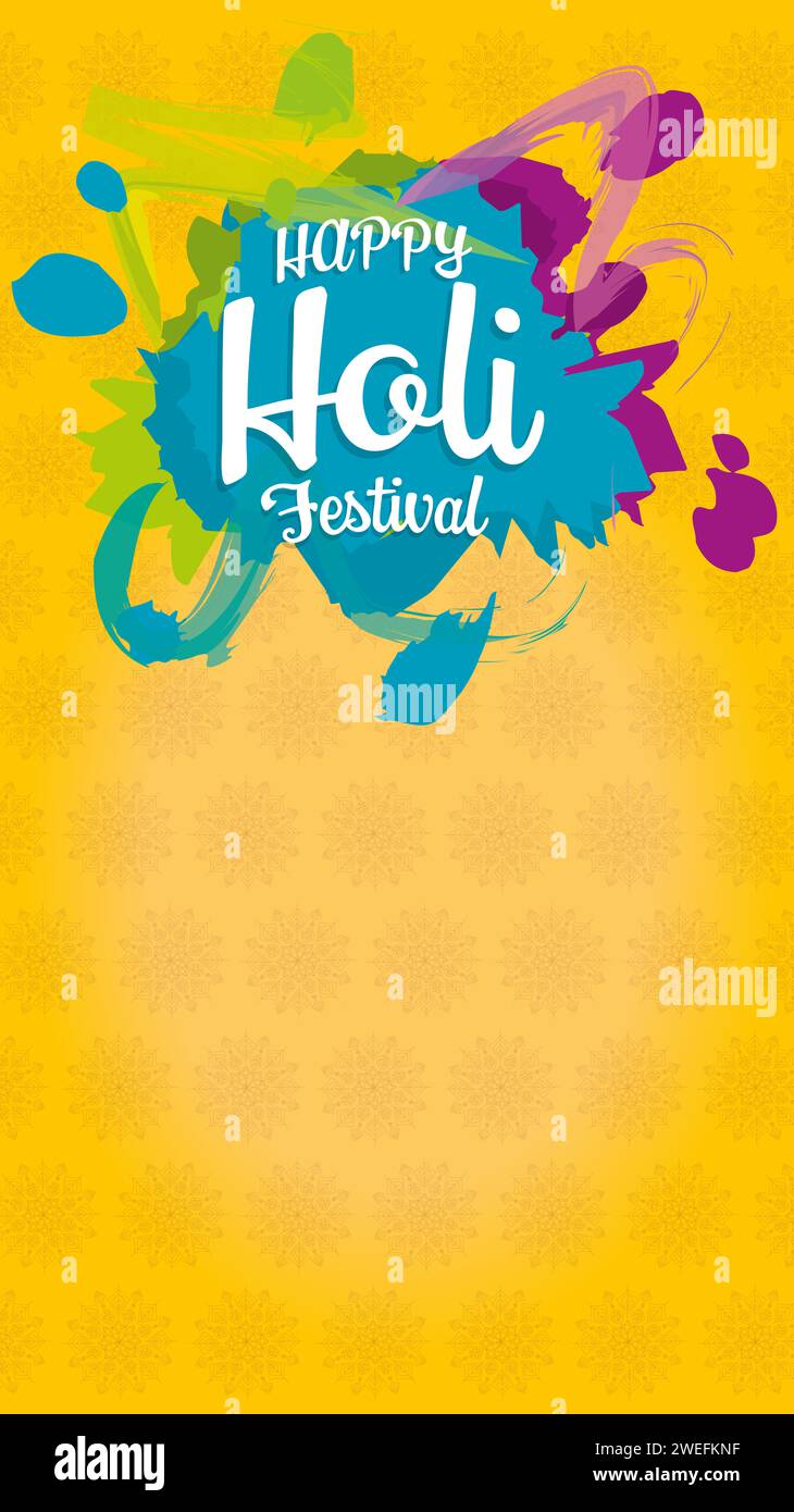 happy holi festival vertical banner on yellow background, format for ...