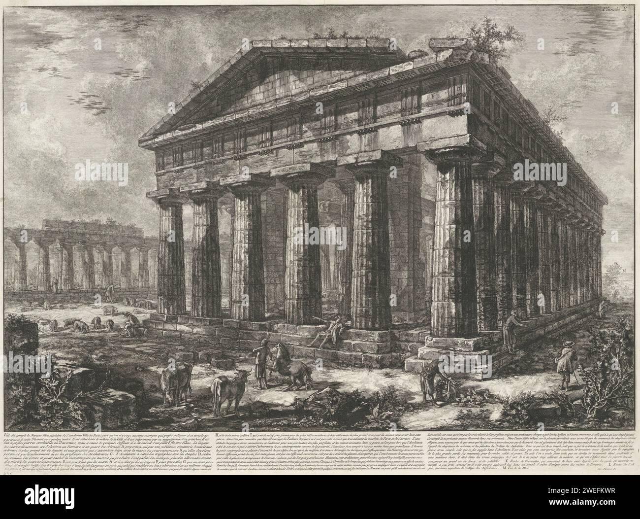 Tempel Van Neptunus Te Paestum, Giovanni Battista Piranesi, 1778 print View of the remains of the temple of Neptune in Paestum. Title and explanatory list of letters in three columns in Submarge. Rome paper etching (story of) Neptune (Poseidon). landscape with ruins. ruin of a building  architecture. temple, shrine  Roman religion Temple of Neptunus. Paestum Stock Photo