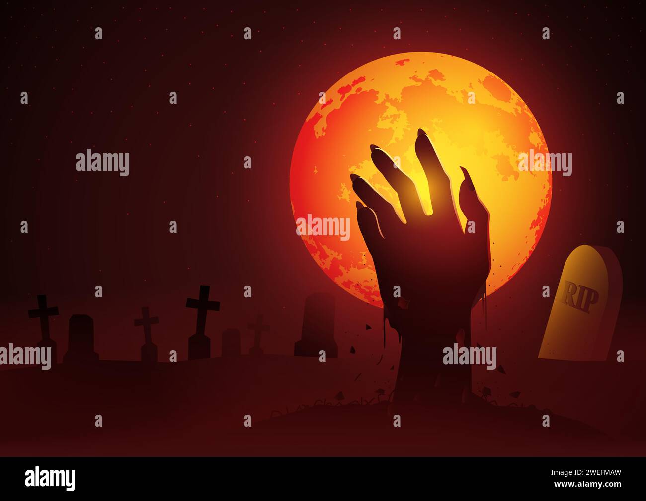 Silhouette of zombie hand rising out from the grave, suitable for horror or Halloween theme, EPS 10 vector illustration Stock Vector