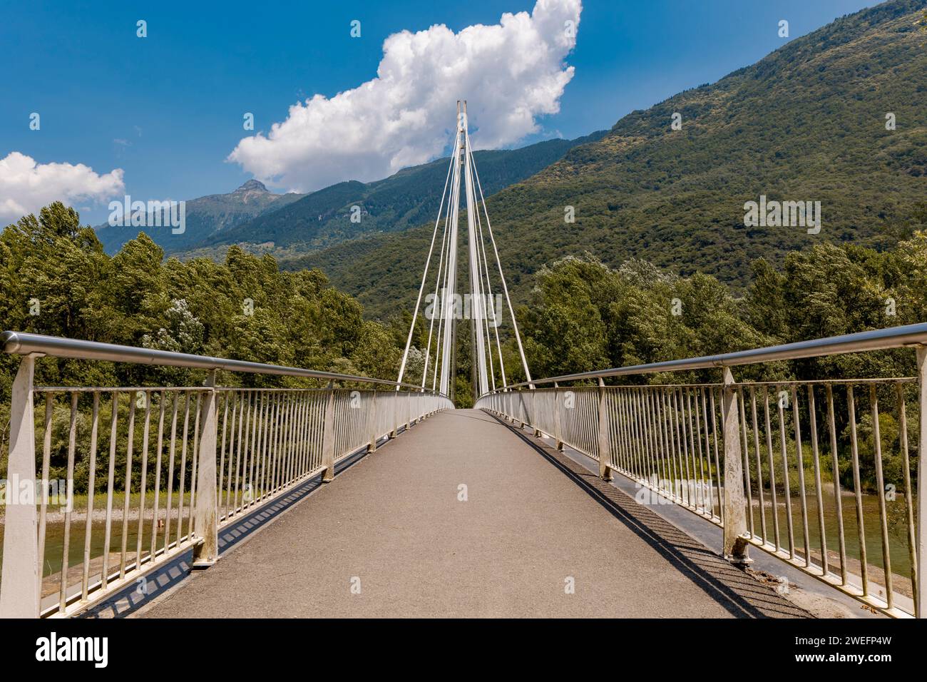 Gnosca footbridge in Ticino, Switzerland, modern podium, suspension bridge. No one in sight only nature and silence Stock Photo