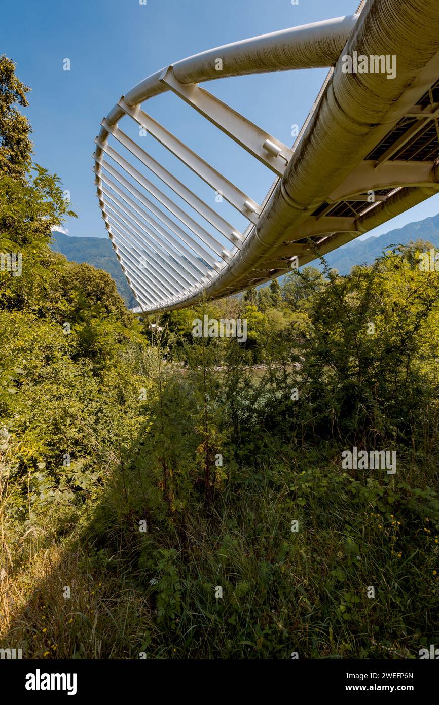 Abstract vision of a Swiss footbridge. Sunny day seen from below. Stock Photo