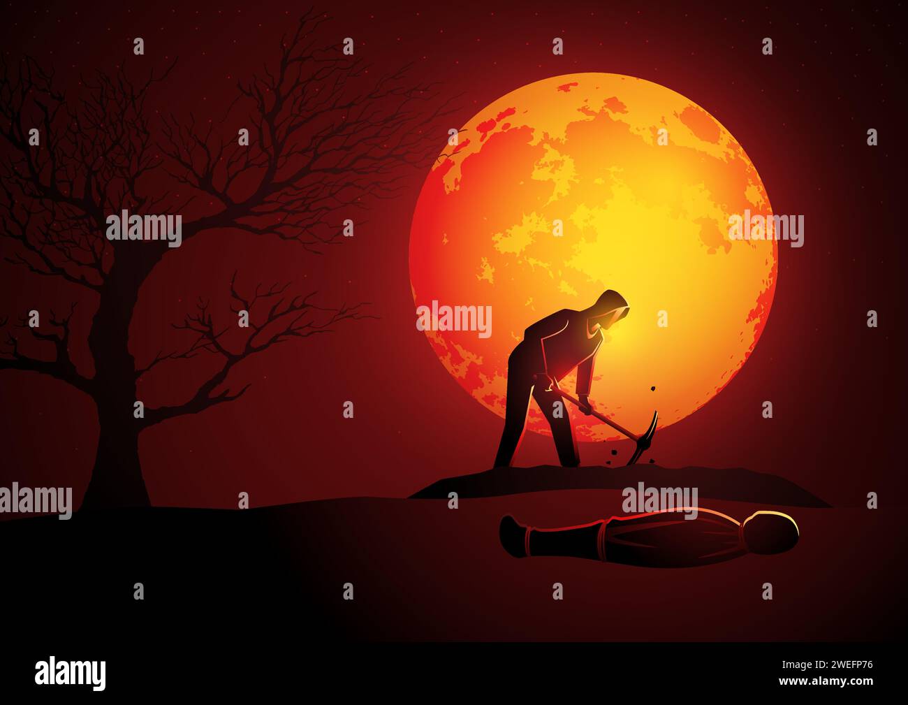 Vector illustration of a killer wearing hoody digging a grave for his victim during full moon, suitable for Halloween or horror theme Stock Vector