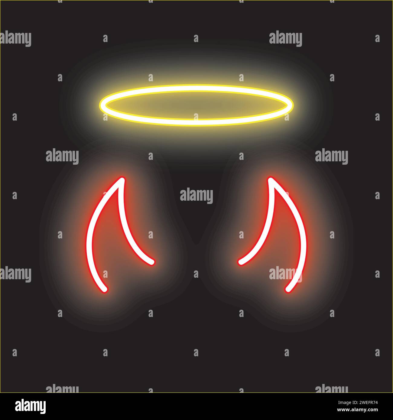 neon red devil horns with angel halo ring in yellow color for decoration, party, games, devil - angel theme on black background Stock Vector