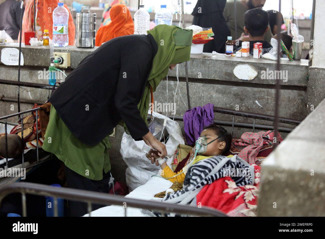 Dhaka, Bangladesh. 25th Jan, 2024. Child patients are being admitted to