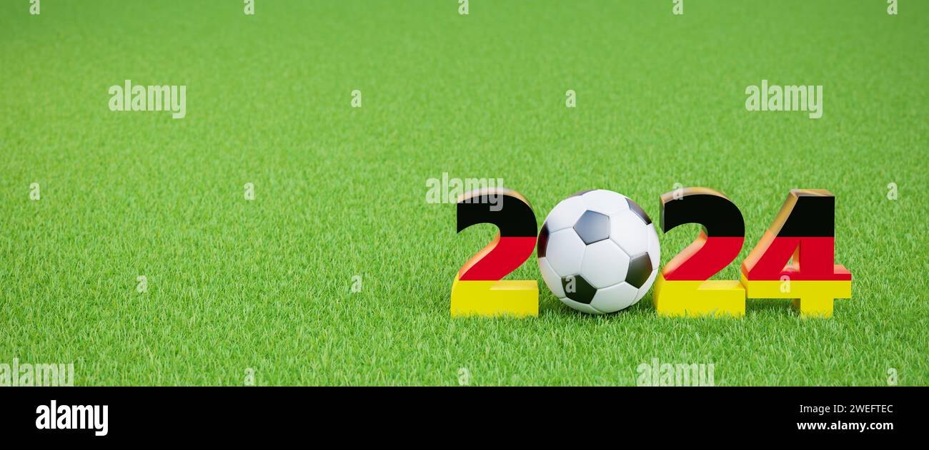 Soccer events in Germany in 2024 concept. A Soccerball within the digits 2_24  colored with the German flag colors on a green grass surface. Web banne Stock Photo