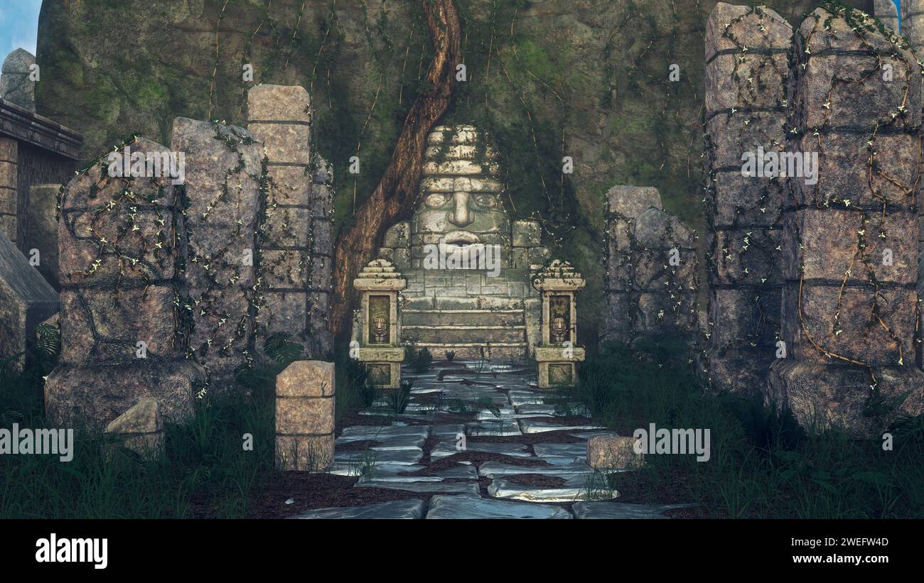 Ruins of an ancient Aztec or Mayan temple in the jungle. 3D illustration. Stock Photo