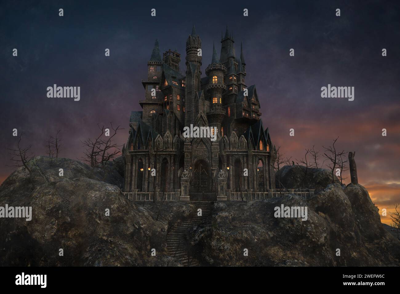 Dark fantasy mysterious gothic vampire castle on a misty mountain after sunset. 3D illustration. Stock Photo