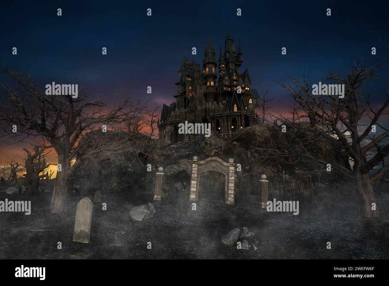 Gothic dark fantasy vampire castle on a misty mountain surrounded by dead trees. 3D rendering. Stock Photo