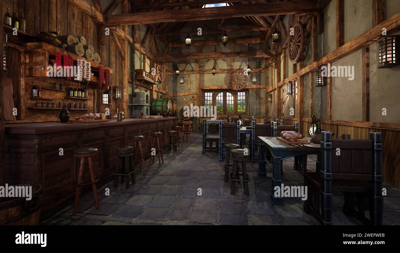 Medieval tavern bar with food and drink on tables and daylight through a window. 3D rendering. Stock Photo