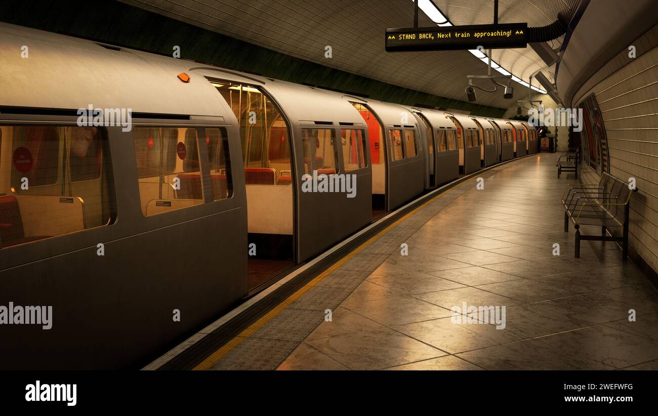 Underground train station platform with train doors open for boarding ...