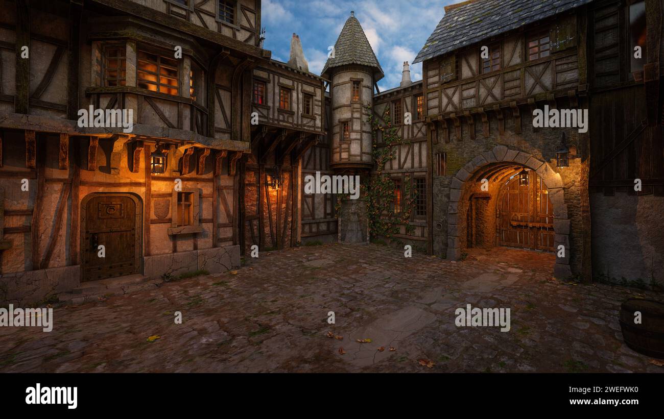 Fantasy medieval town courtyard with cobblestone street, lit by ...