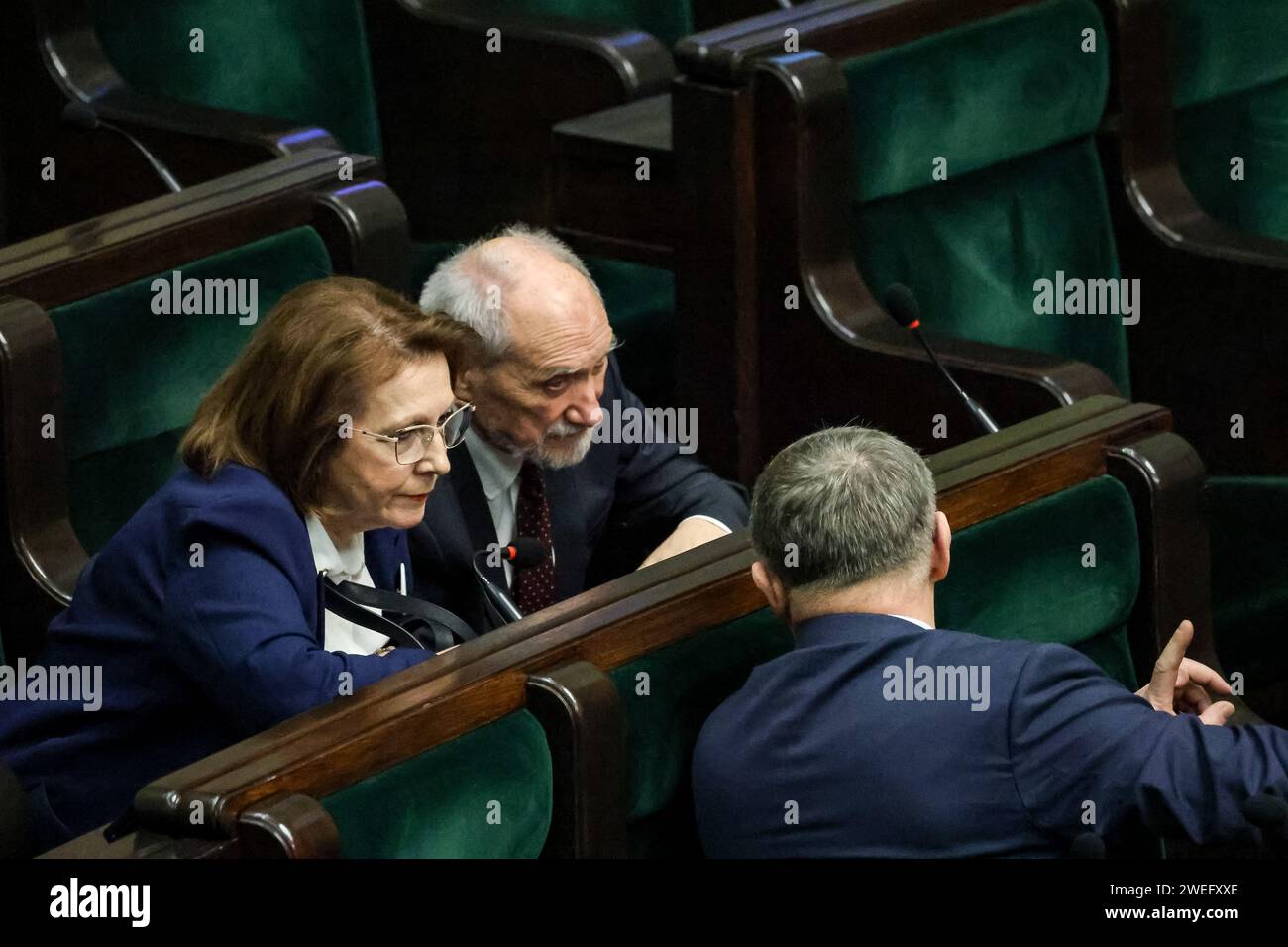 Warsaw, Poland, January 25, 2024.Antoni Macierewicz (middle), former Minister of Defence of Poland attends the 4th session of Polish Parliament that takes place amid chaos created by legal disagreement with the previous government. Current government took over the power in Poland December 13 2023, Taking over from the Law and Justice political party, who has ruled for 8 years. Both sides accuse each other of unconstitutional acts, and de facto two legal systems are present in the country. Credit: Dominika Zarzycka/ Alamy Live News Stock Photo