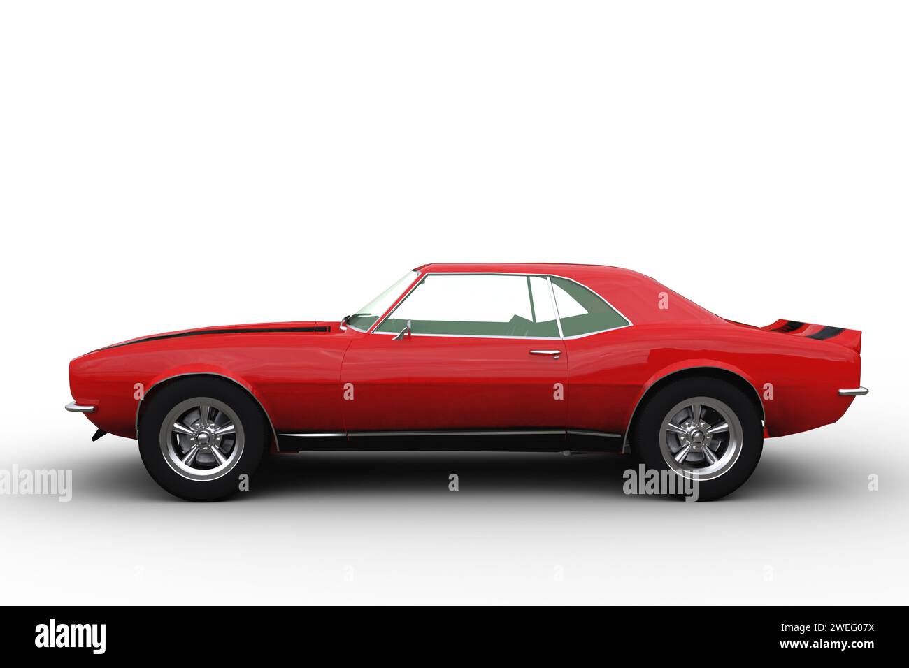 Red retro American muscle car seen from side view. 3d illustration isolated on a white background. Stock Photo
