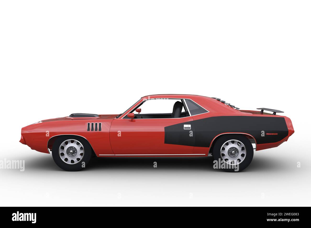 Red and black retro American muscle car seen from side view. 3d illustration isolated on a white background. Stock Photo