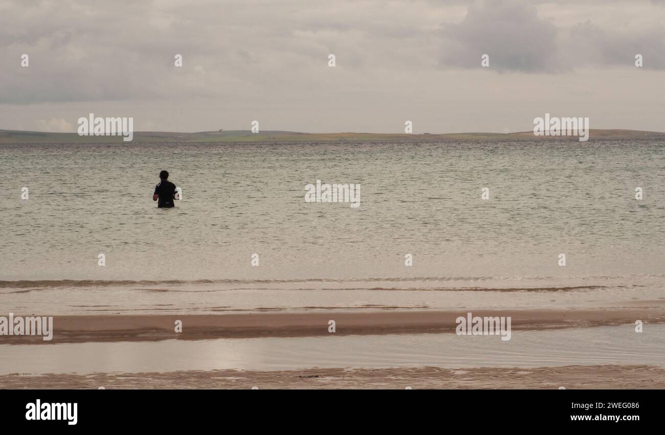 One, brave, lone, swimmer in the cold waters of Scapa Flow at Waulkmill Bay, Orkney, Scotland, UK Stock Photo