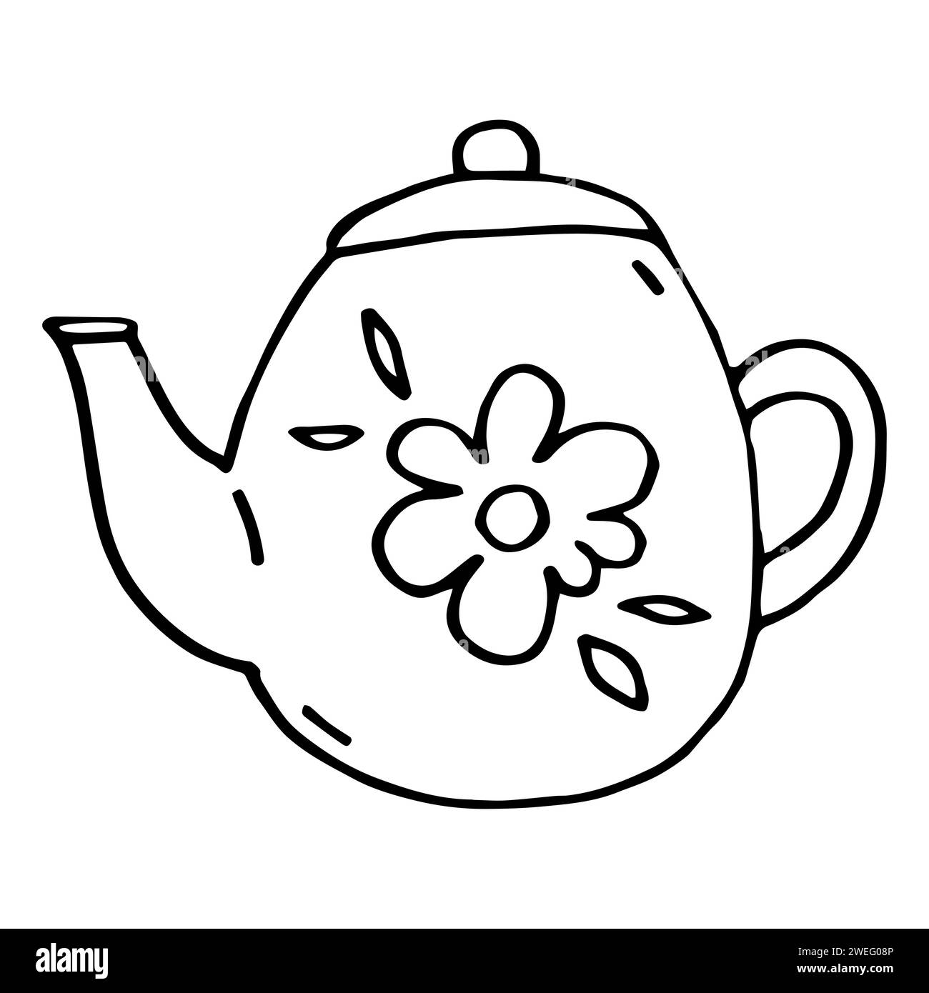 Black and white vector illustration of teapot in doodle style Stock
