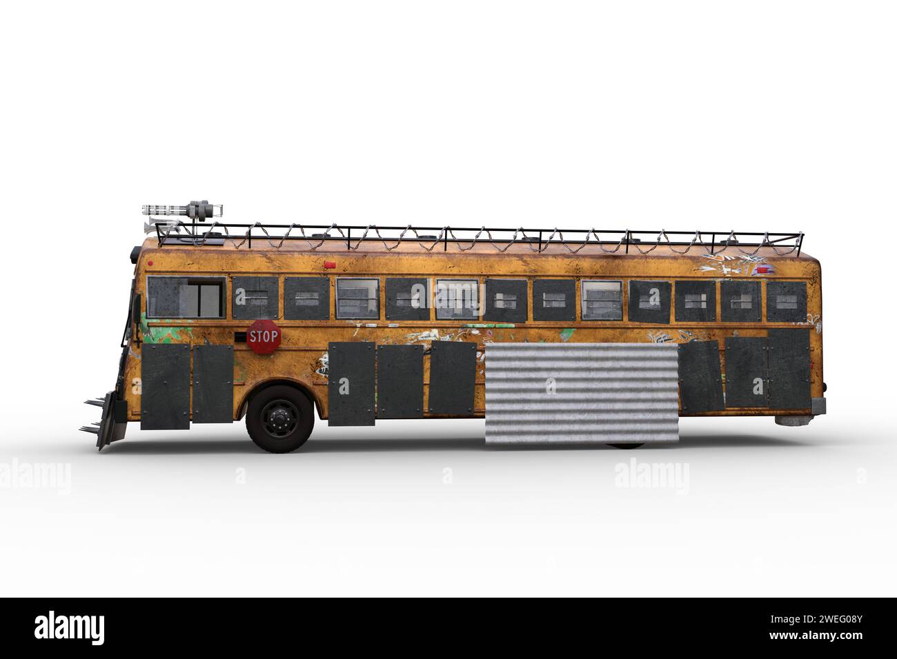 Fantasy post apocalyptic yellow bus with protective metal barriers. 3D illustration isolated on a white background. Stock Photo