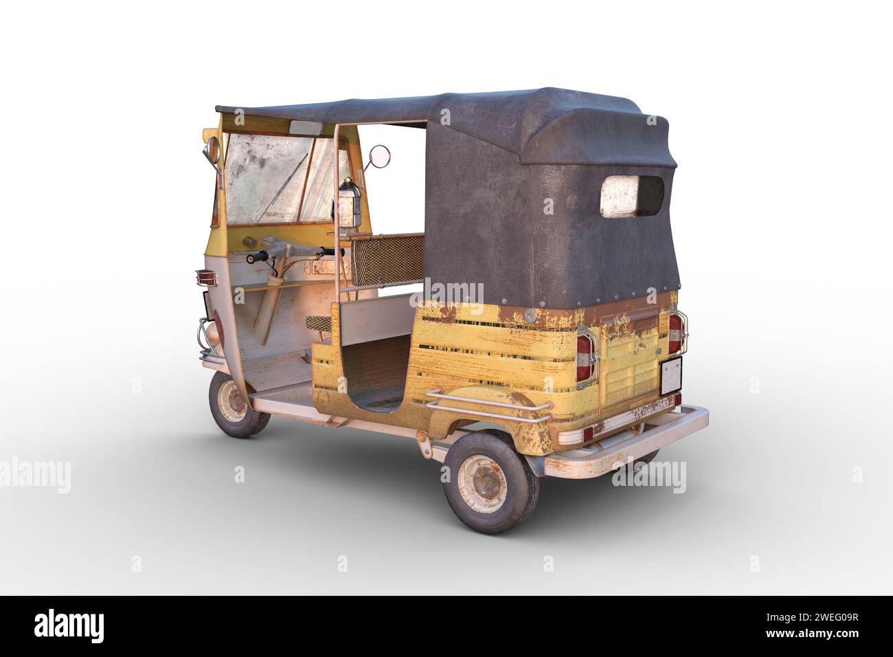 Indian auto rickshaw or tuk tuk taxi viewed from the rear corner. 3D ...