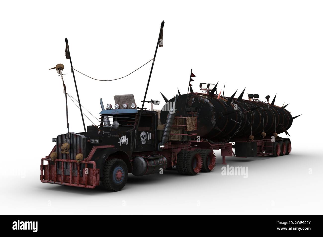 Post apocalyptic articulated truck. 3D illustration isolated on a white background. Stock Photo