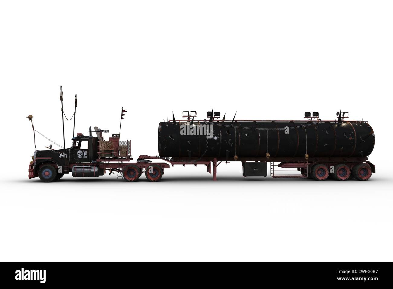 Side view of a post apocalyptic articulated truck. 3D illustration isolated on a white background. Stock Photo